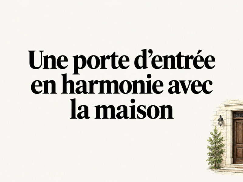 Porte d&rsquo;entr&eacute;e en bois int&eacute;gr&eacute;e &agrave; une fa&ccedil;ade de maison en pierre claire, avec un pot rouge pr&egrave;s du seuil.