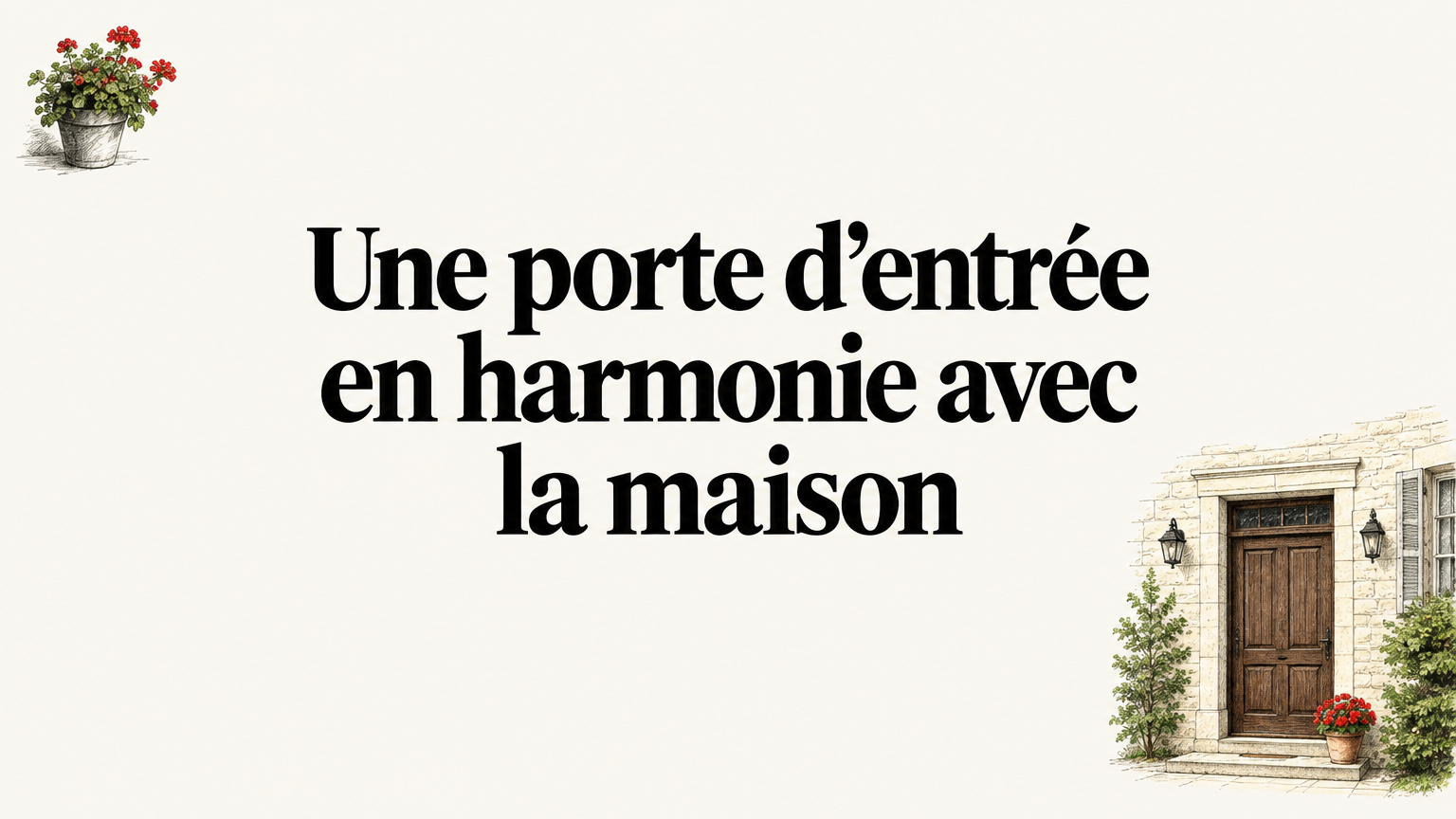 Porte d&rsquo;entr&eacute;e en bois int&eacute;gr&eacute;e &agrave; une fa&ccedil;ade de maison en pierre claire, avec un pot rouge pr&egrave;s du seuil.