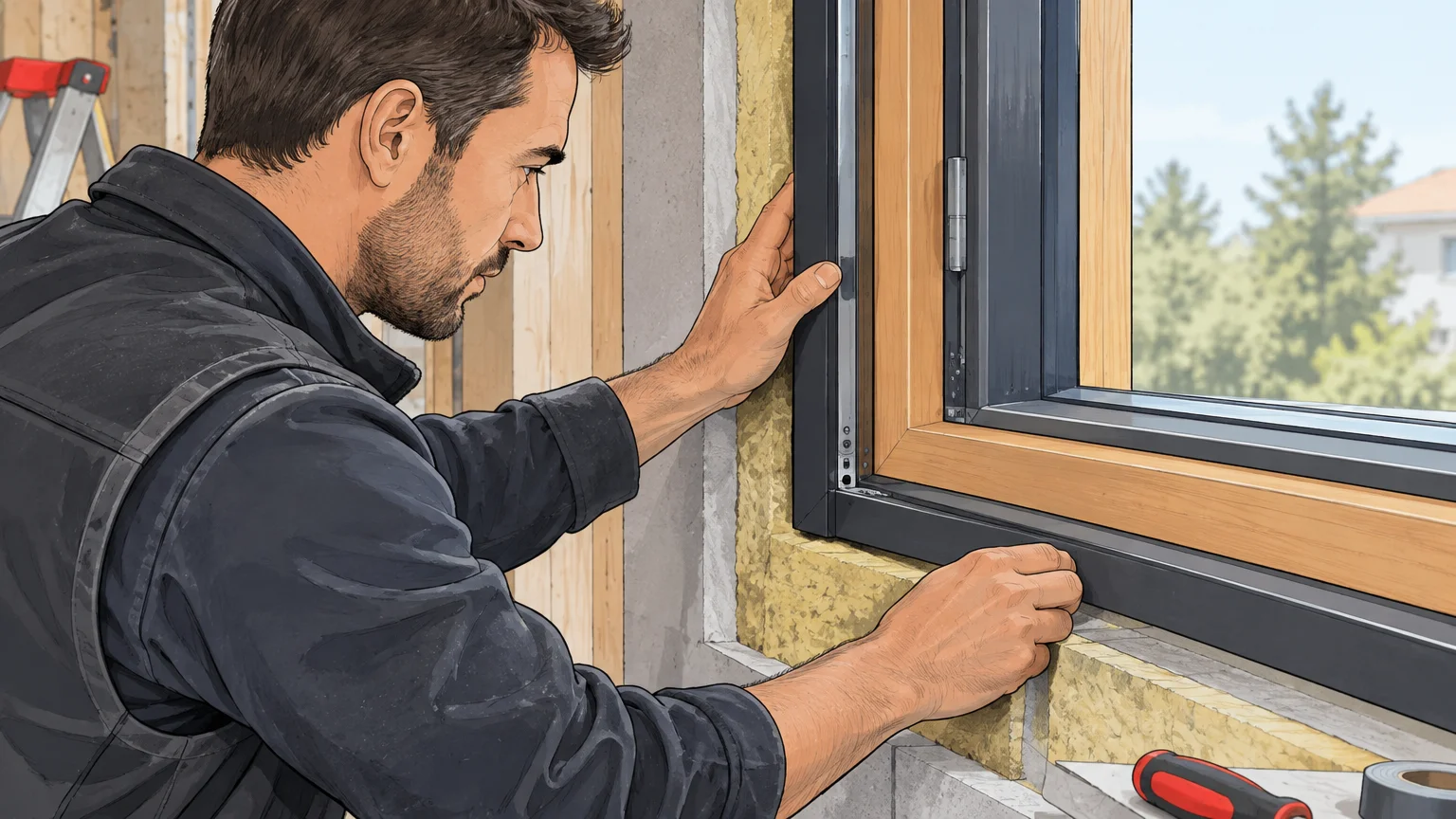 Artisan contr&ocirc;lant le raccord entre une fen&ecirc;tre et l&rsquo;isolation du mur