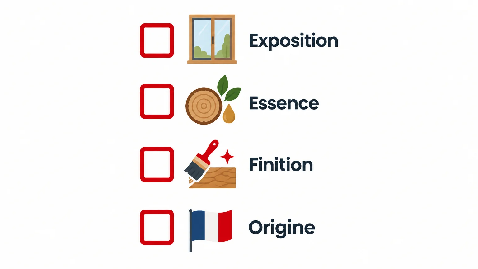Checklist des crit&egrave;res &agrave; v&eacute;rifier : exposition, essence, finition et origine du bois.