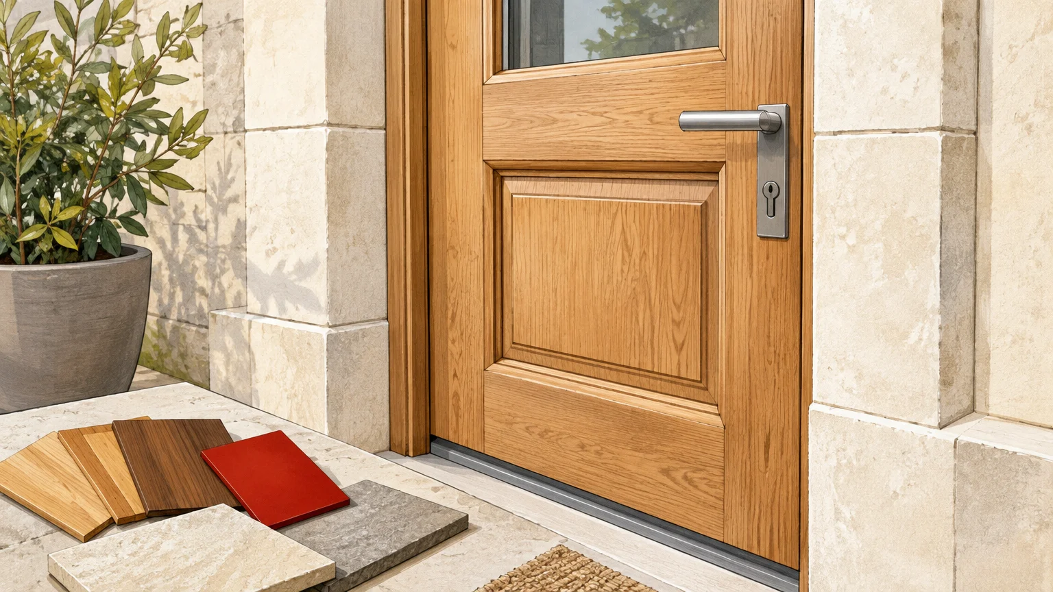 Détail d’une porte en bois, de sa poignée et d’échantillons de finition près d’un encadrement en pierre.