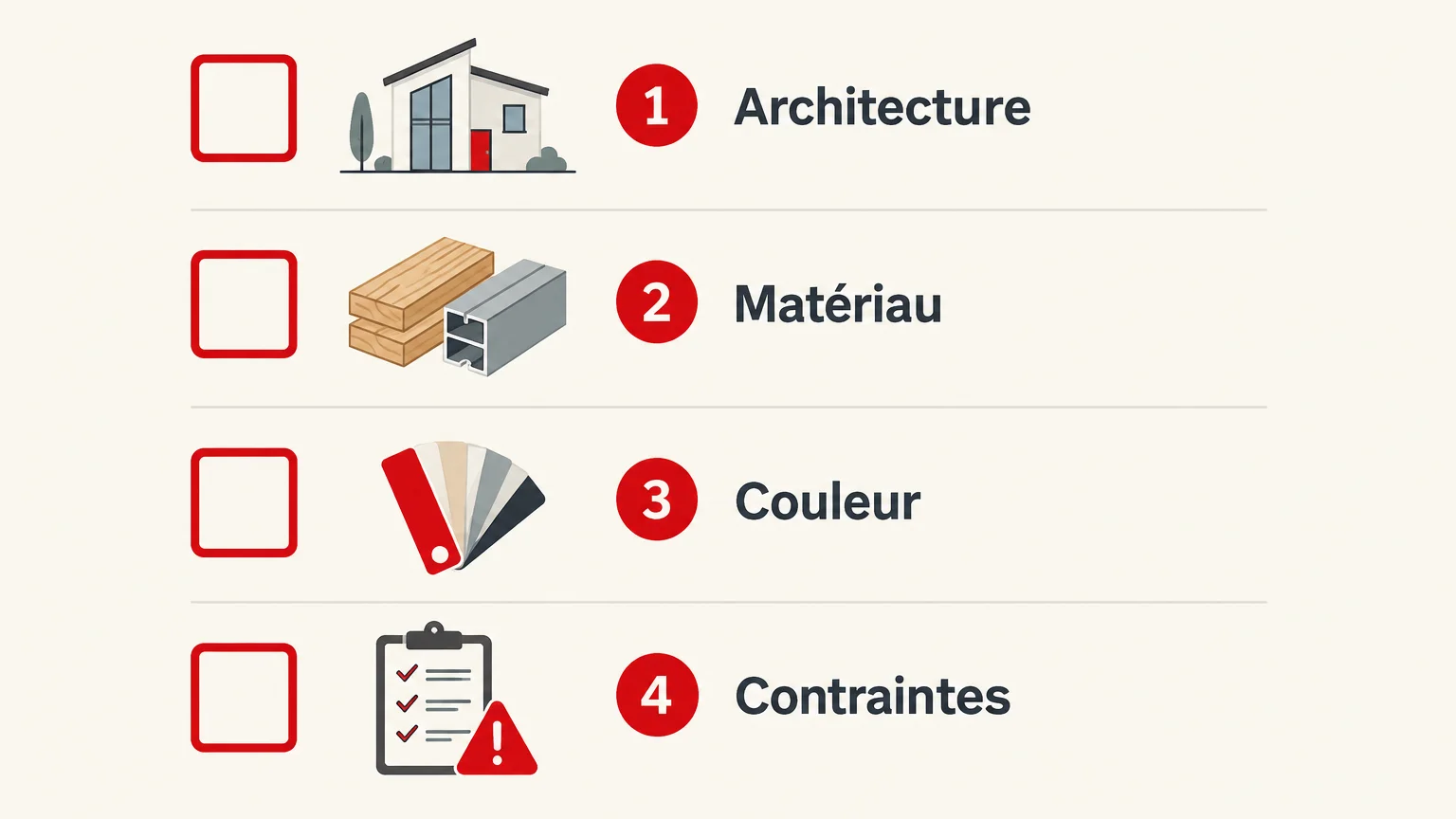 Checklist illustrée des critères pour choisir une porte : architecture, matériau, couleur et contraintes.