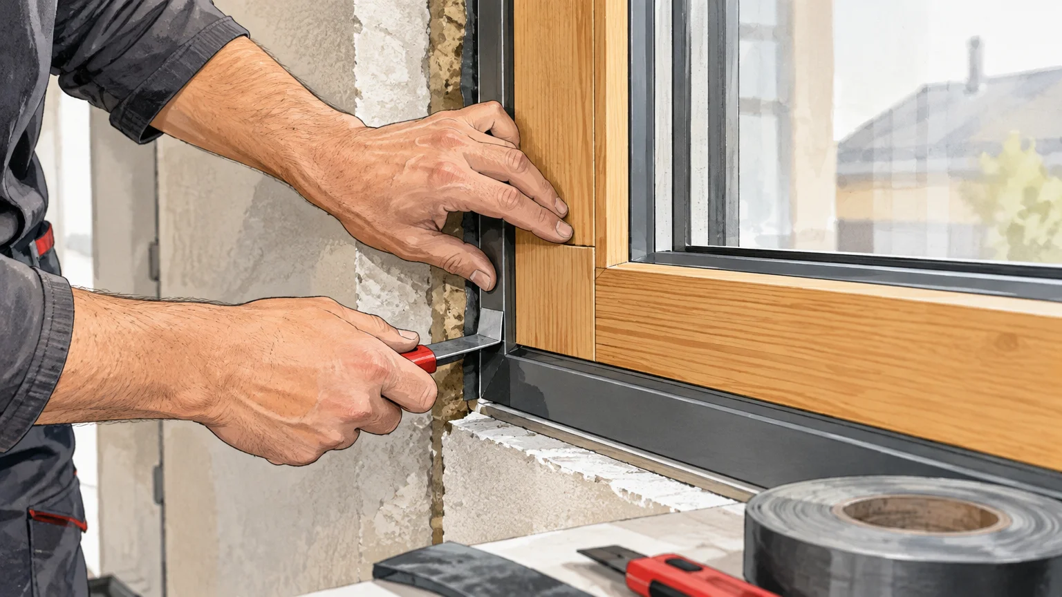 Un professionnel v&eacute;rifie le raccord d&rsquo;&eacute;tanch&eacute;it&eacute; d&rsquo;une fen&ecirc;tre bois-aluminium en r&eacute;novation