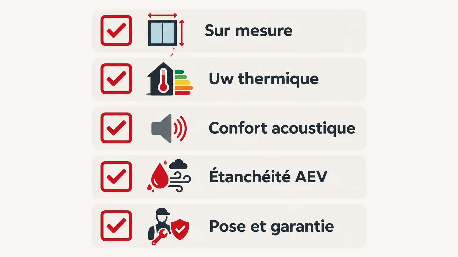 Infographie des cinq crit&egrave;res &agrave; comparer : sur mesure, thermique, acoustique, &eacute;tanch&eacute;it&eacute; et pose
